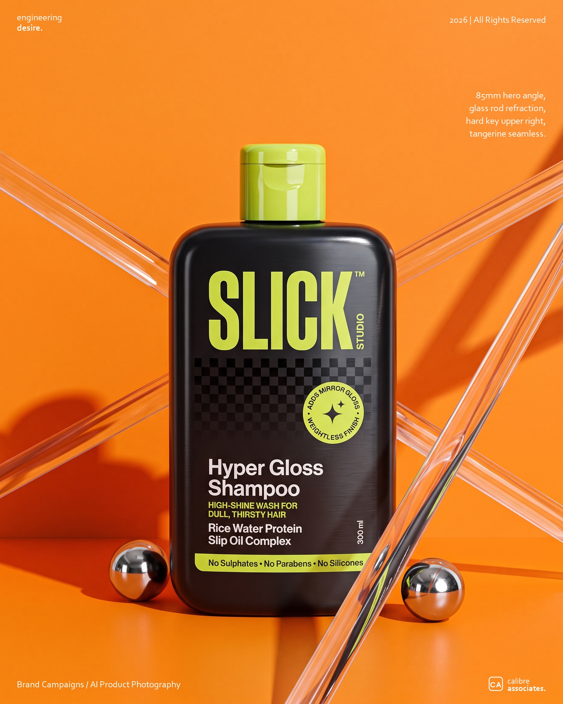 Slick Hyper Gloss Shampoo bottle on an orange background with glass rods and chrome spheres