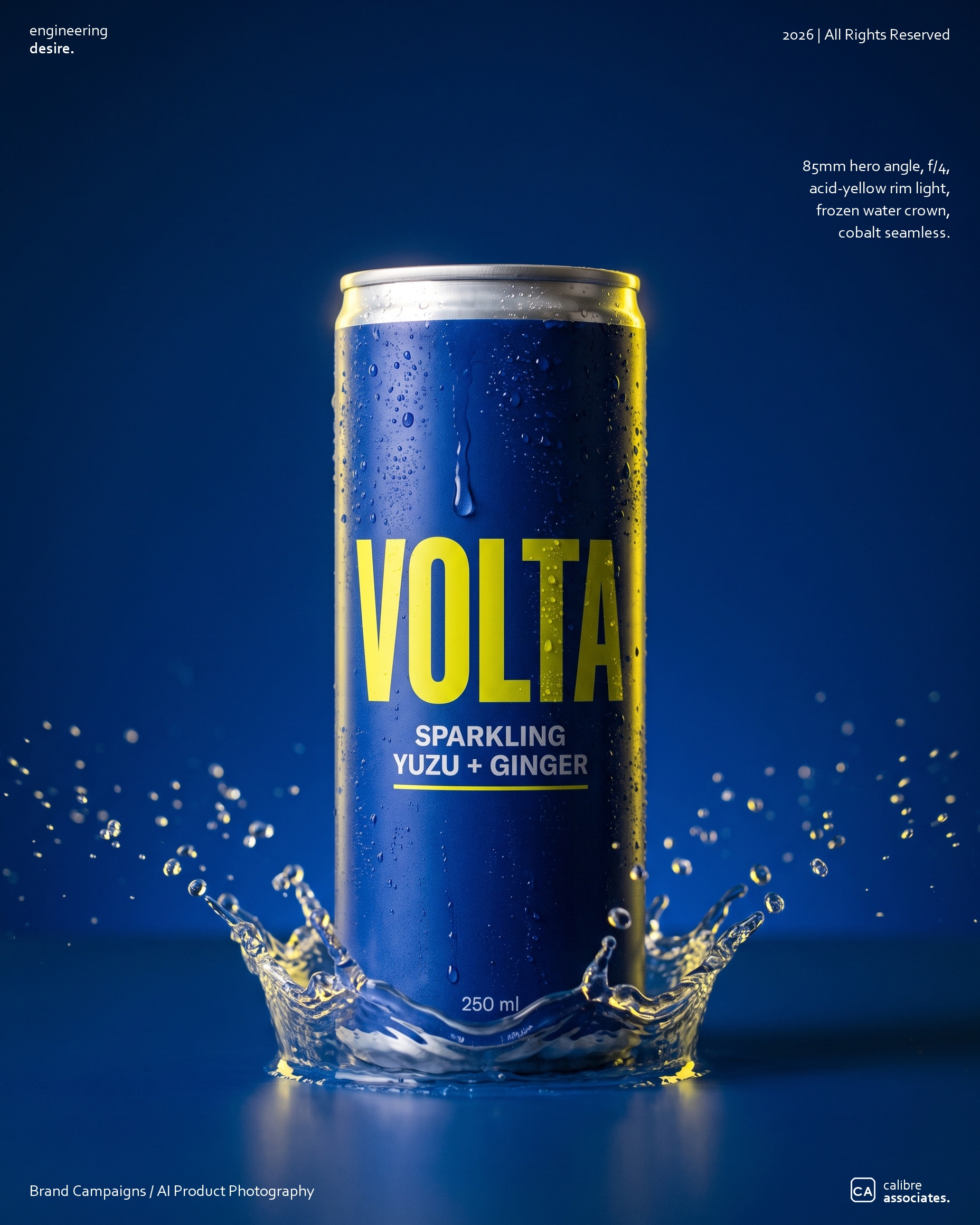 Volta Sparkling Yuzu and Ginger can with a splash of water on a cobalt background