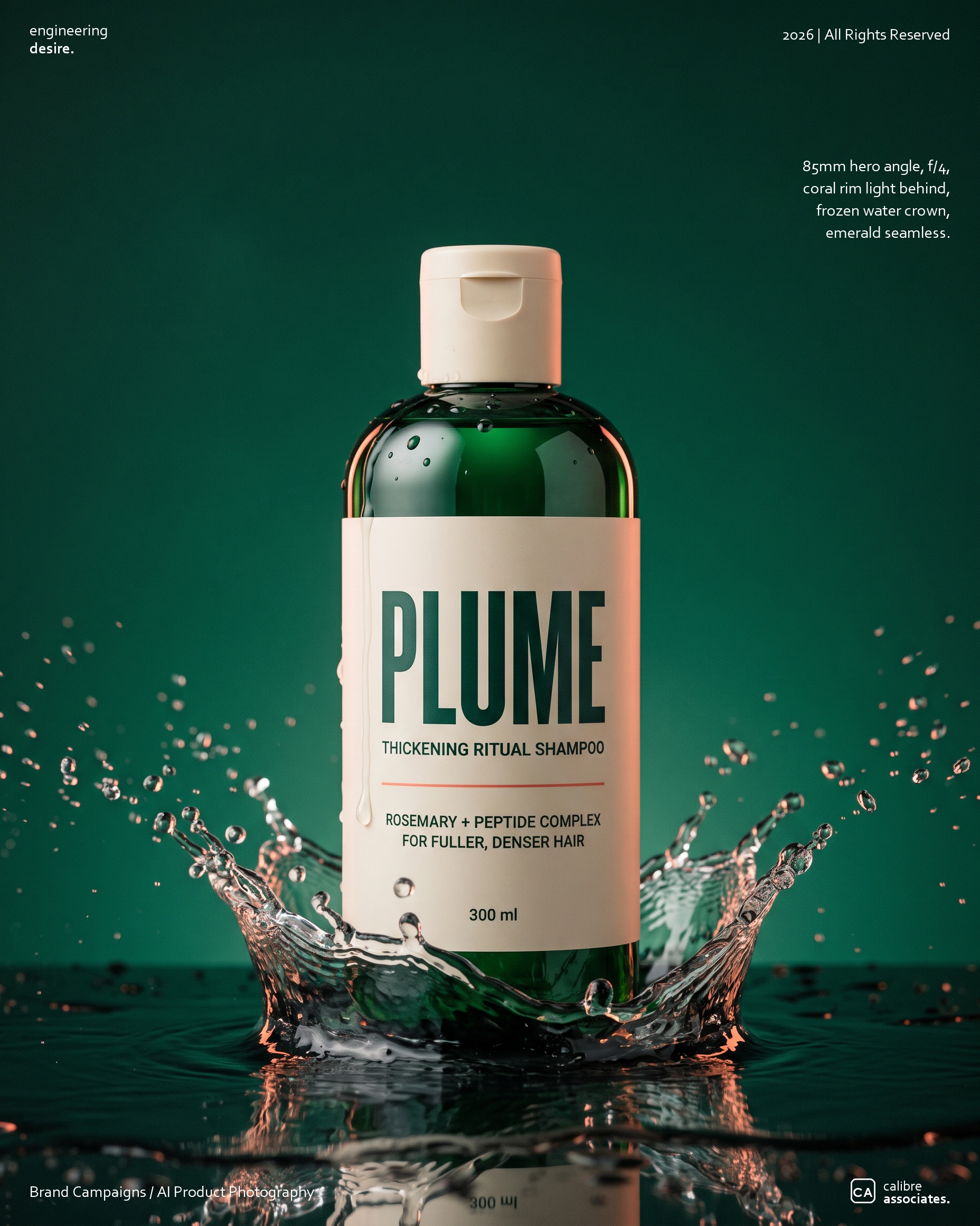 Plume Thickening Ritual Shampoo bottle with a coral lit water splash on an emerald background