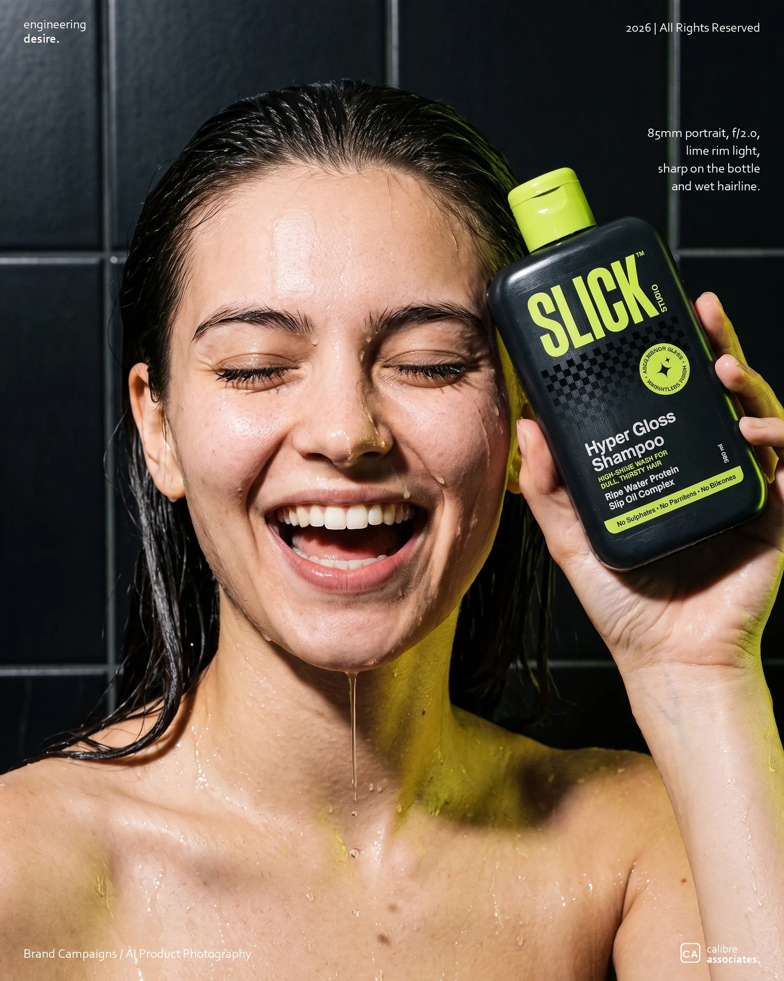 Model with glossy dark hair holding the Slick bottle