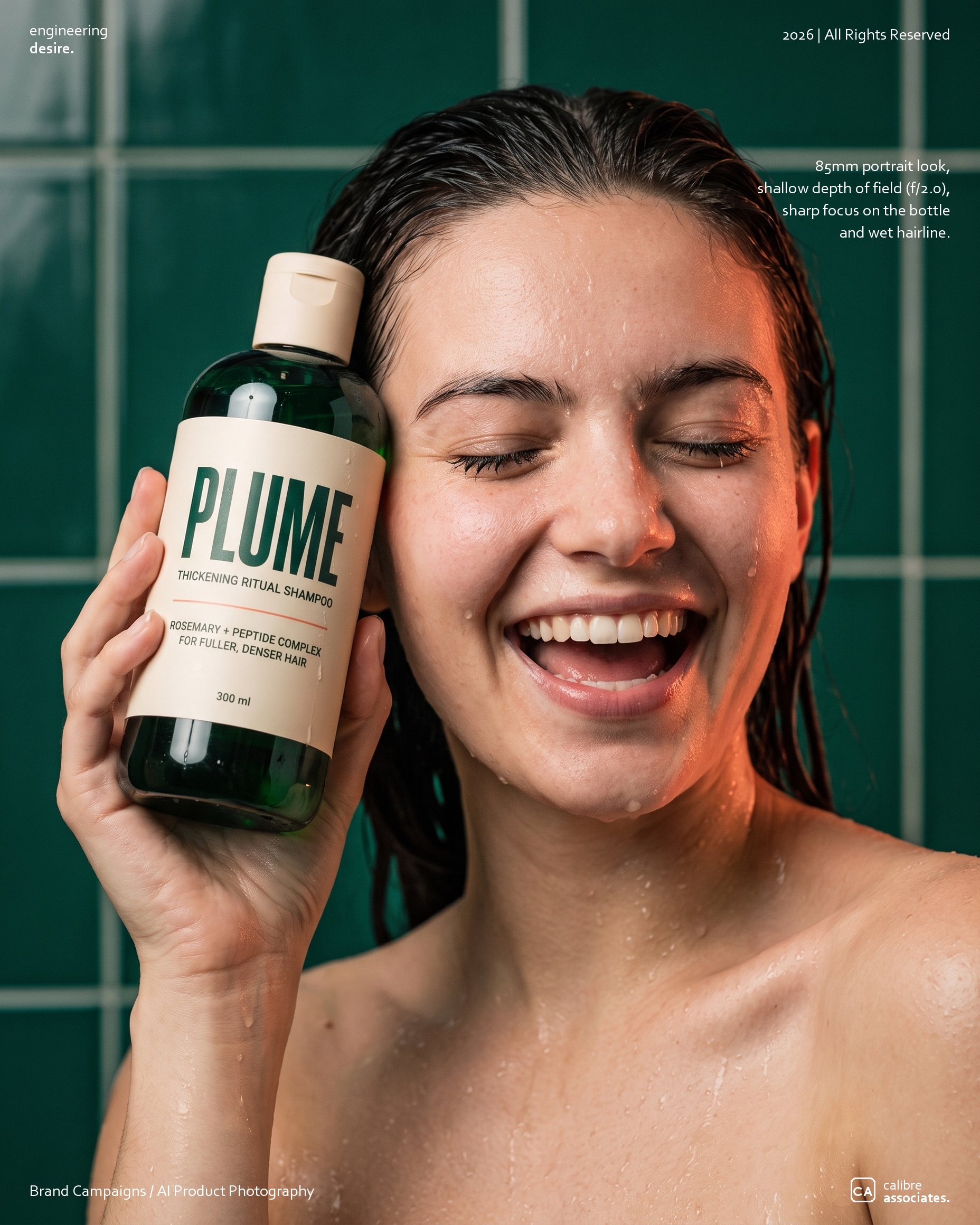 Model with wet hair laughing while holding the Plume bottle to her cheek