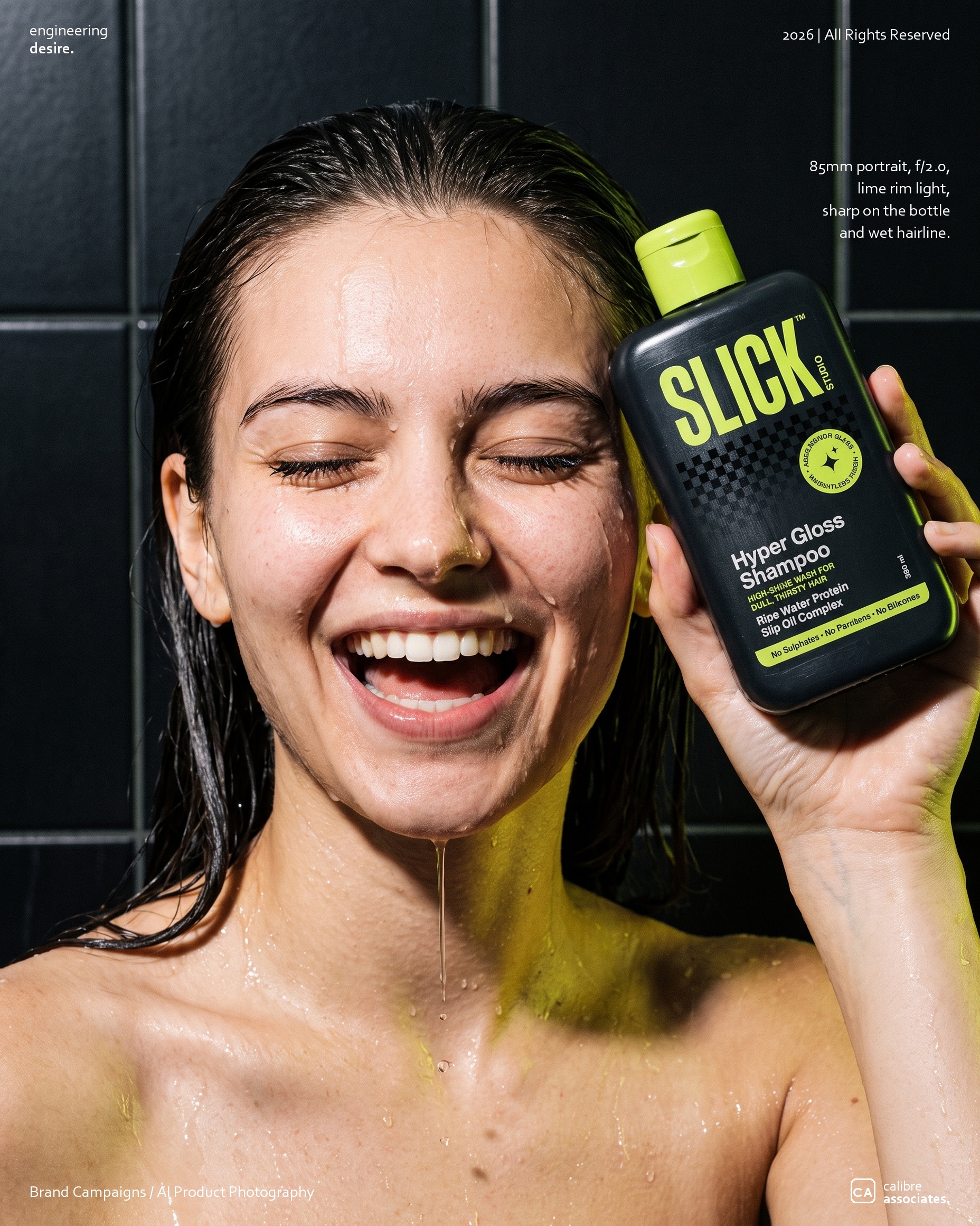 Model with glossy dark hair holding the Slick bottle