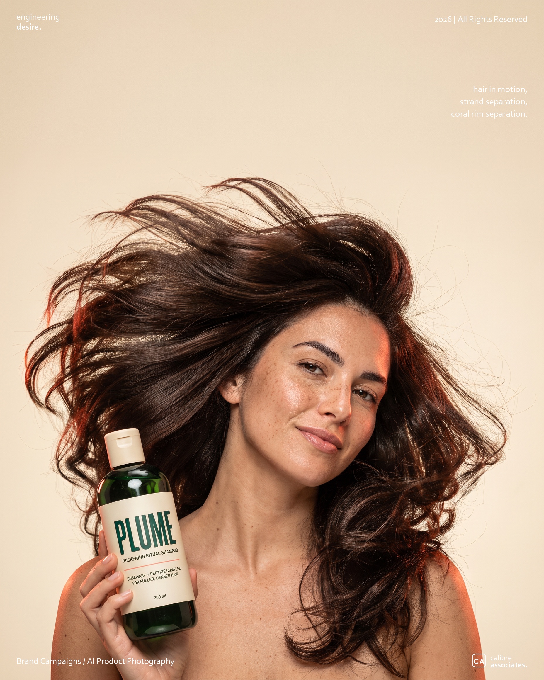 Model with hair caught mid flip, holding the Plume bottle