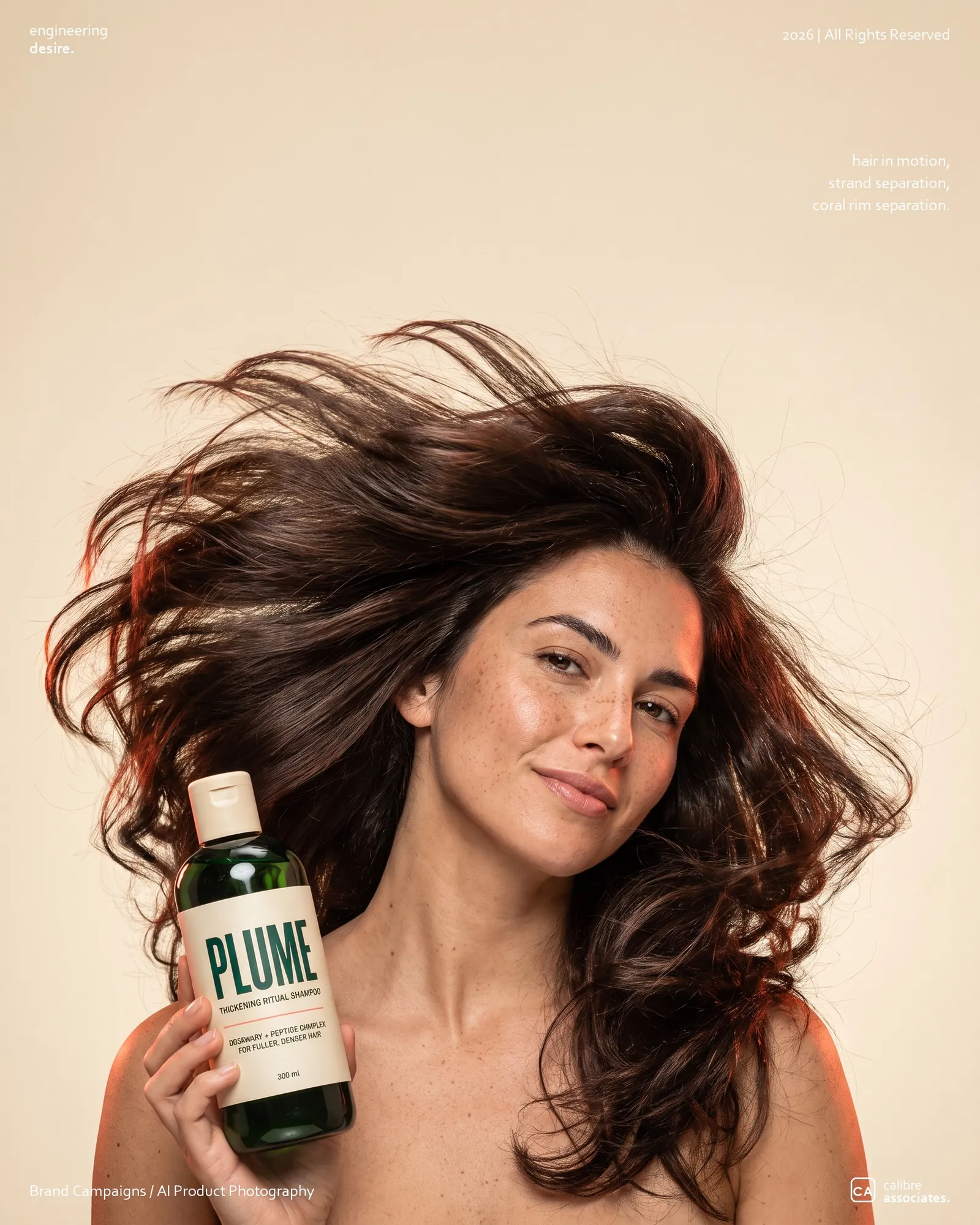 Model with hair caught mid flip, holding the Plume bottle