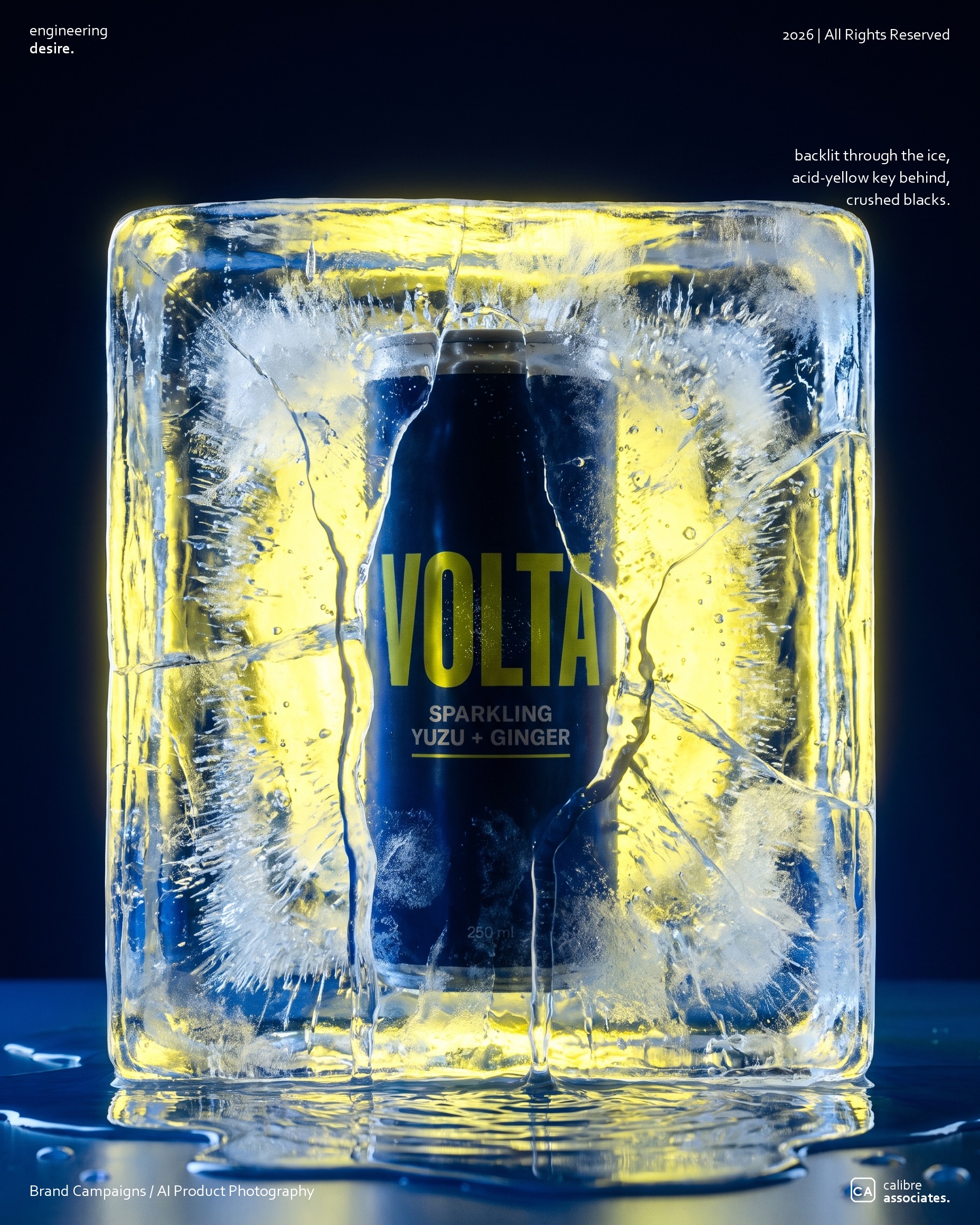 Volta can frozen inside a block of ice, backlit in acid yellow