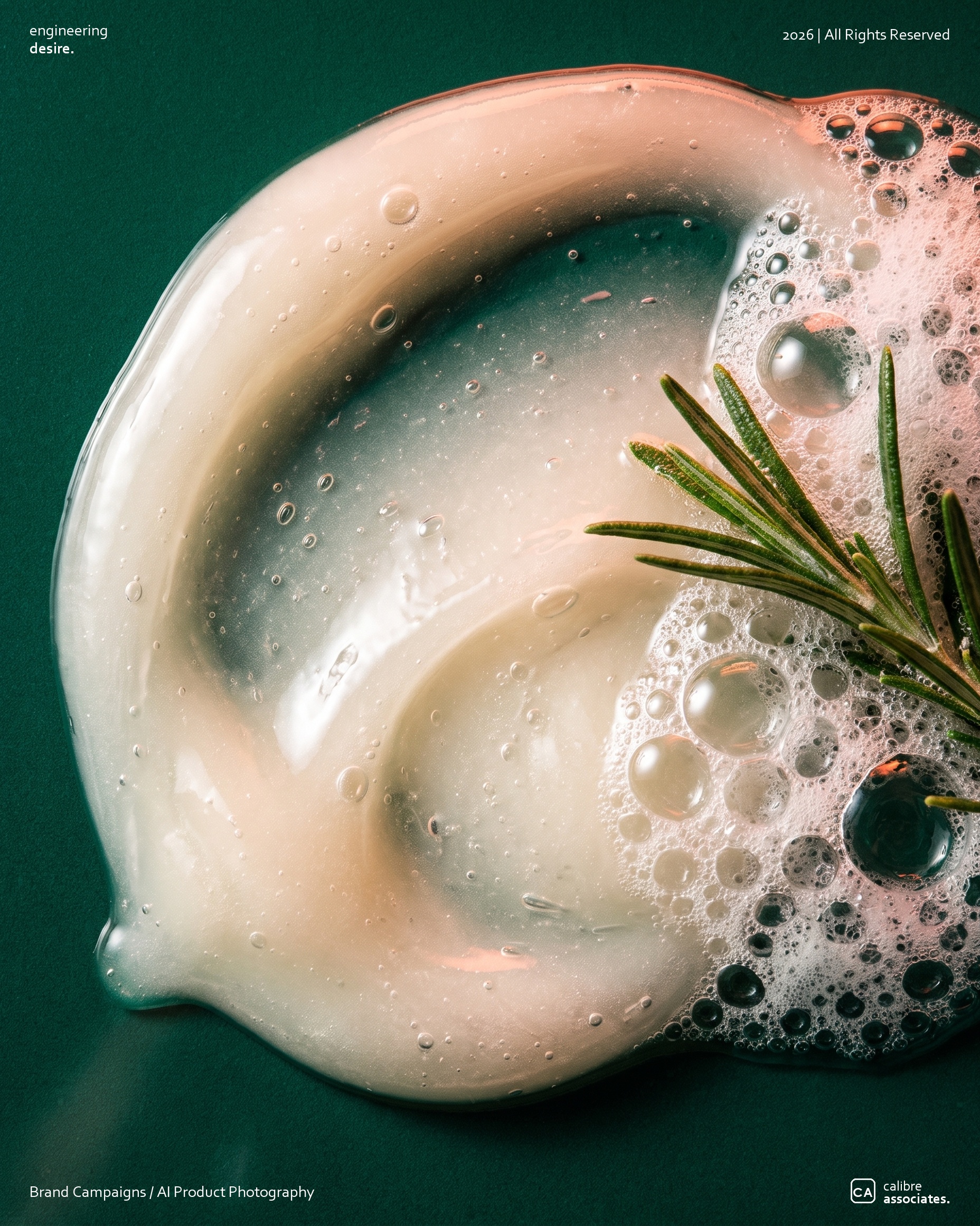 Macro shot of foaming lather with a rosemary sprig, close to the Plume bottle