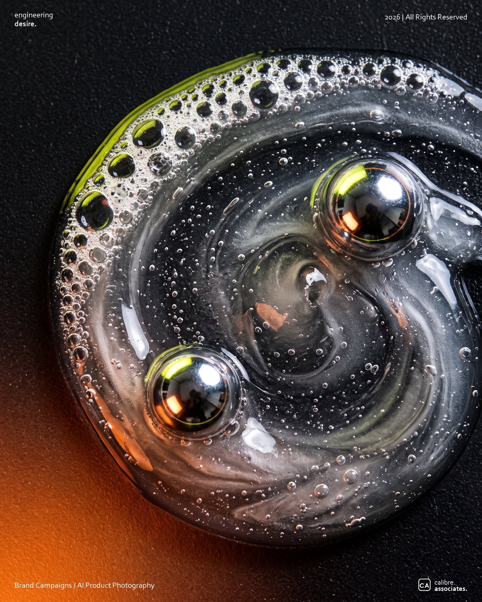 Macro shot of a chrome sphere swirling through lather for Slick