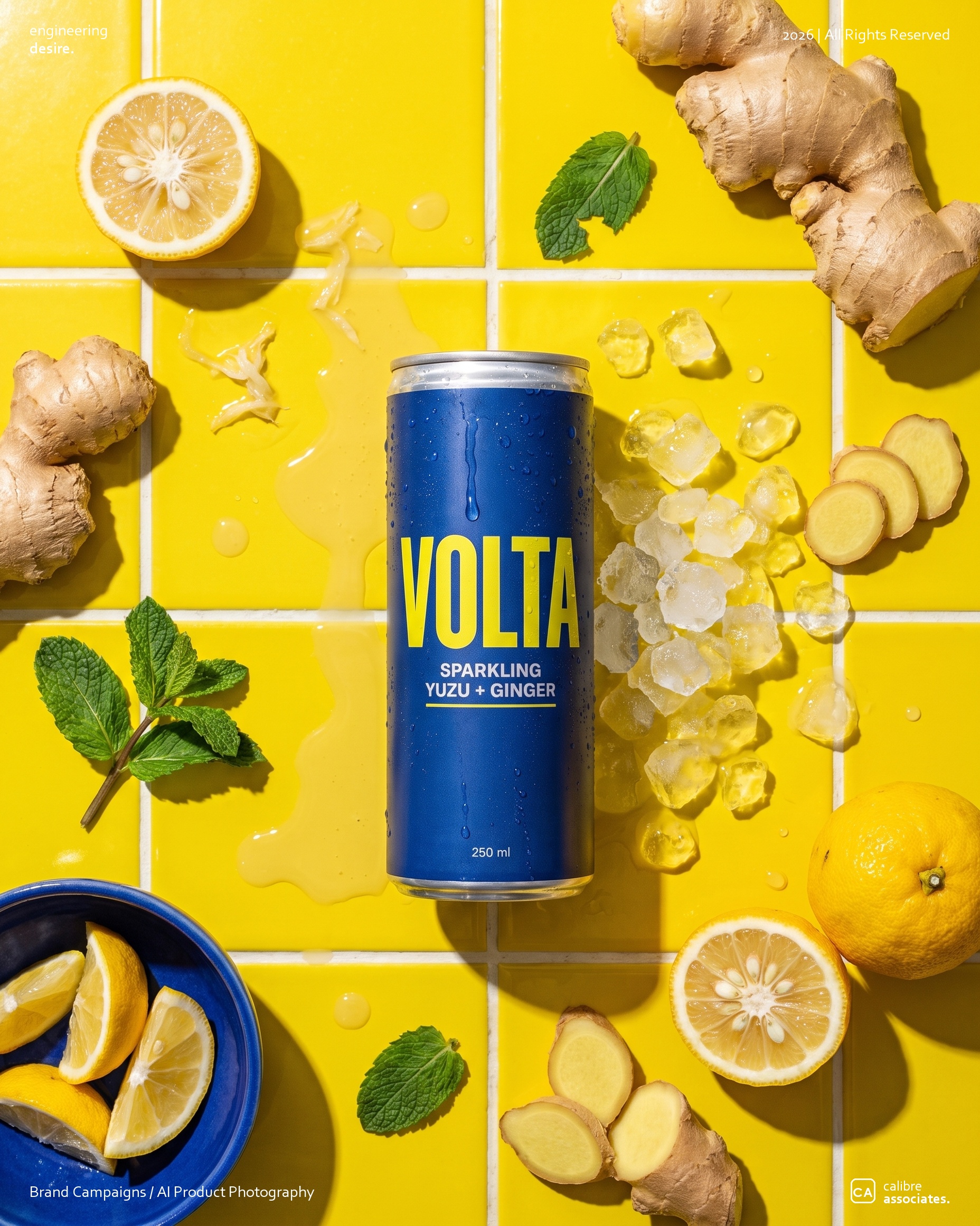 Flat lay of the Volta can with ginger, lemon, and mint on yellow tile