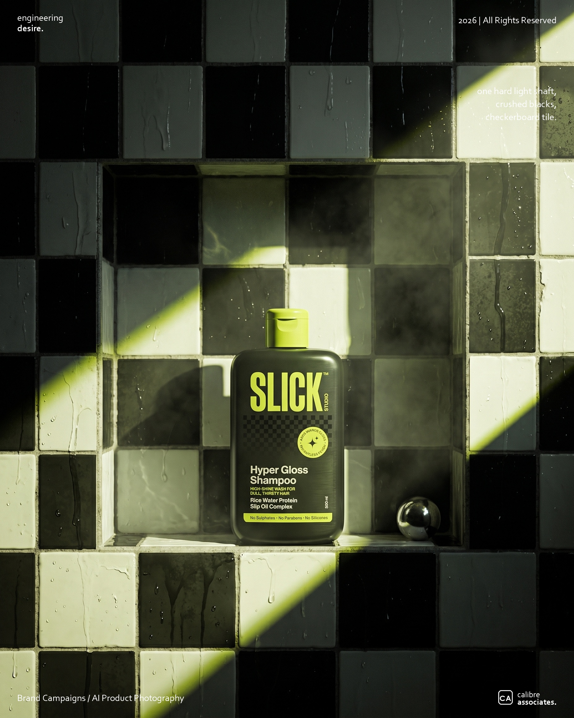Slick bottle styled on a black and white checkerboard surface with rice and oil ingredients
