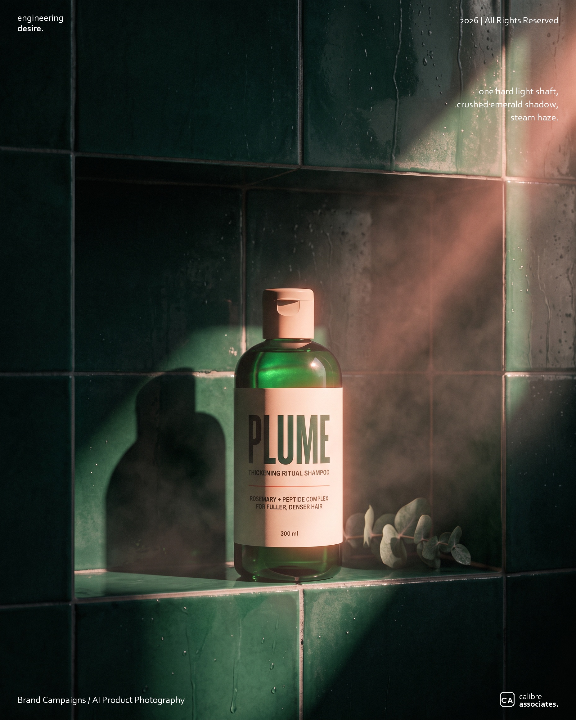 Plume bottle staged in a tiled shower niche with soft light and steam