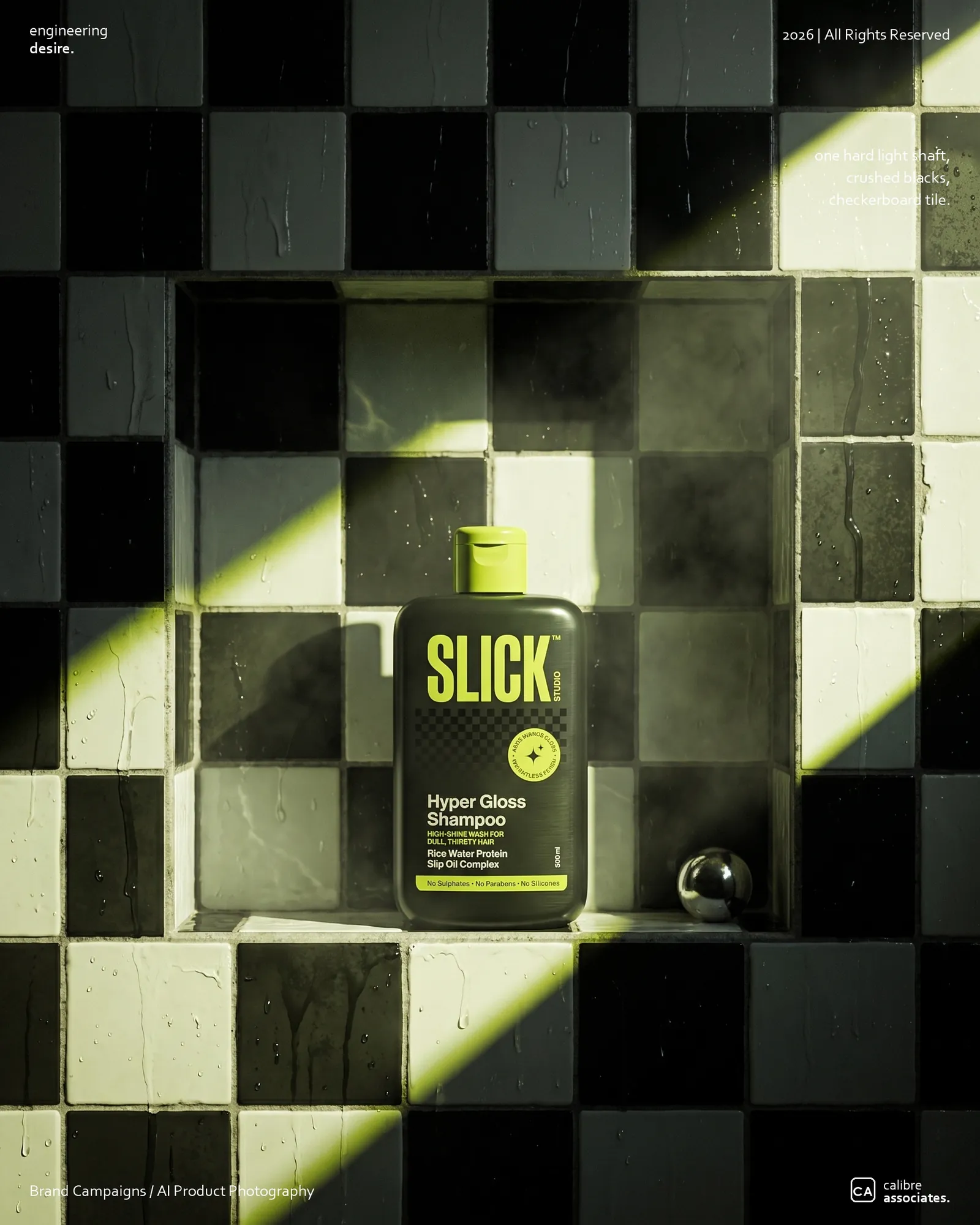 Slick bottle styled on a black and white checkerboard surface with rice and oil ingredients
