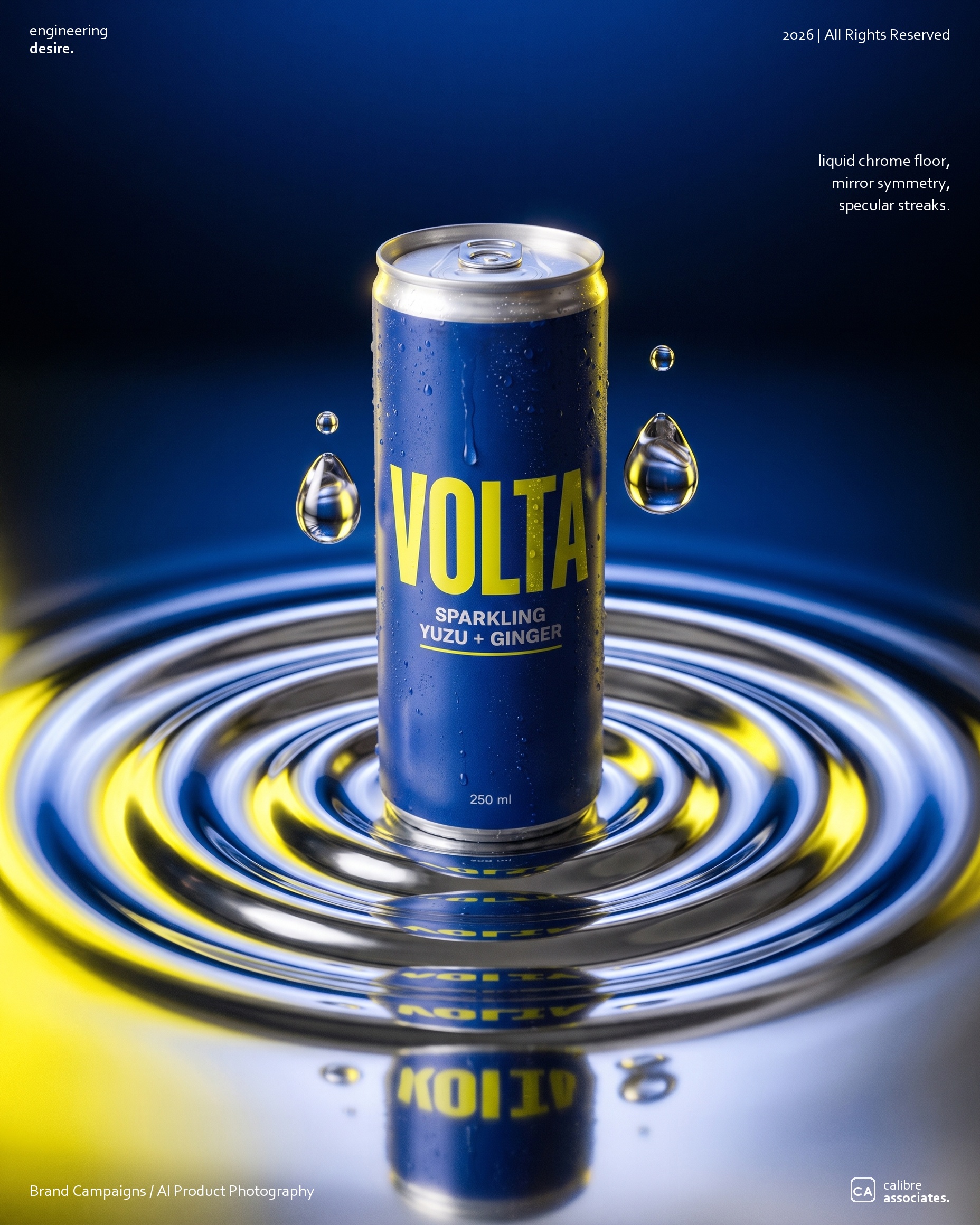 Volta can reflected on a liquid chrome floor