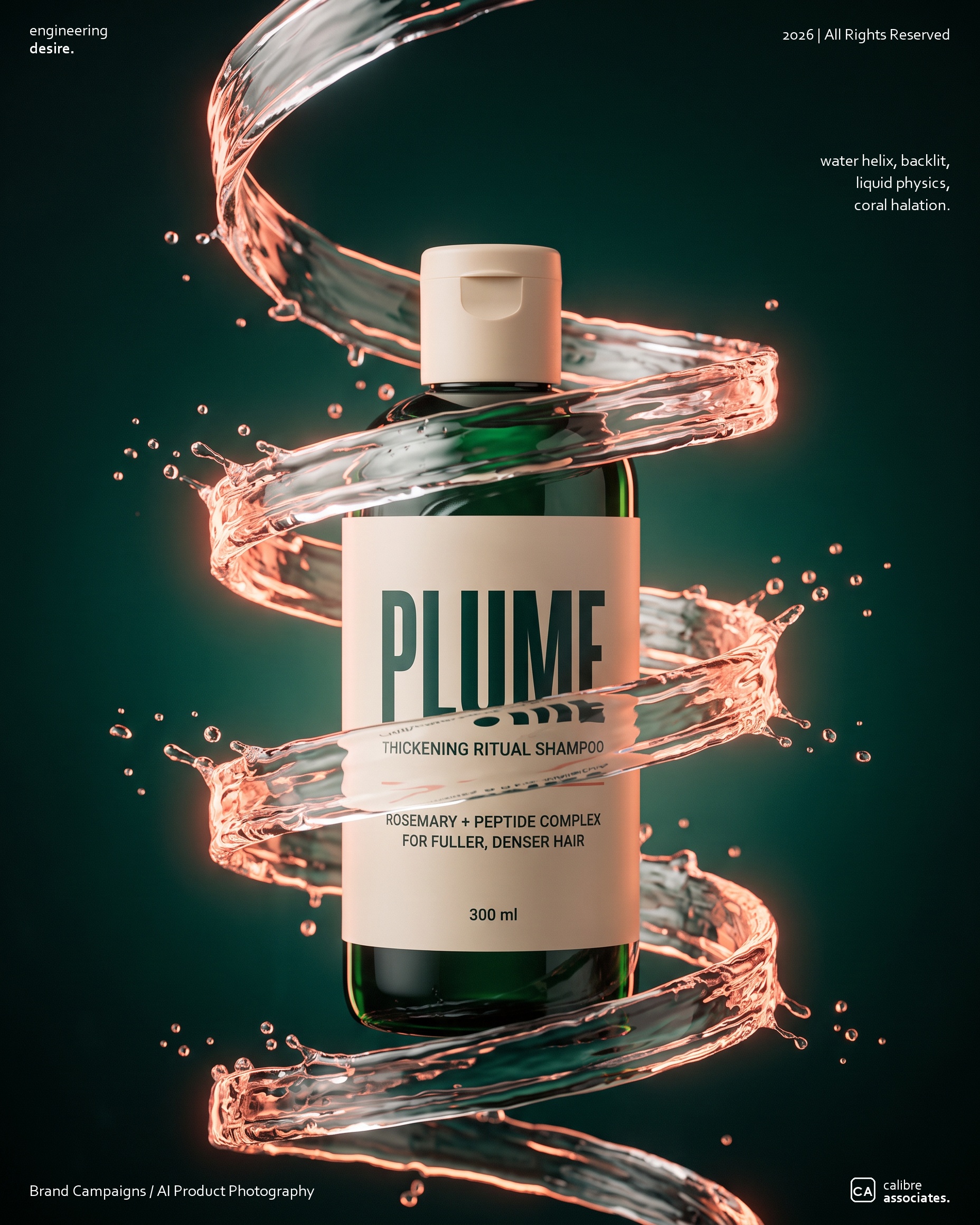 Water ribbon effect wrapping around the Plume bottle