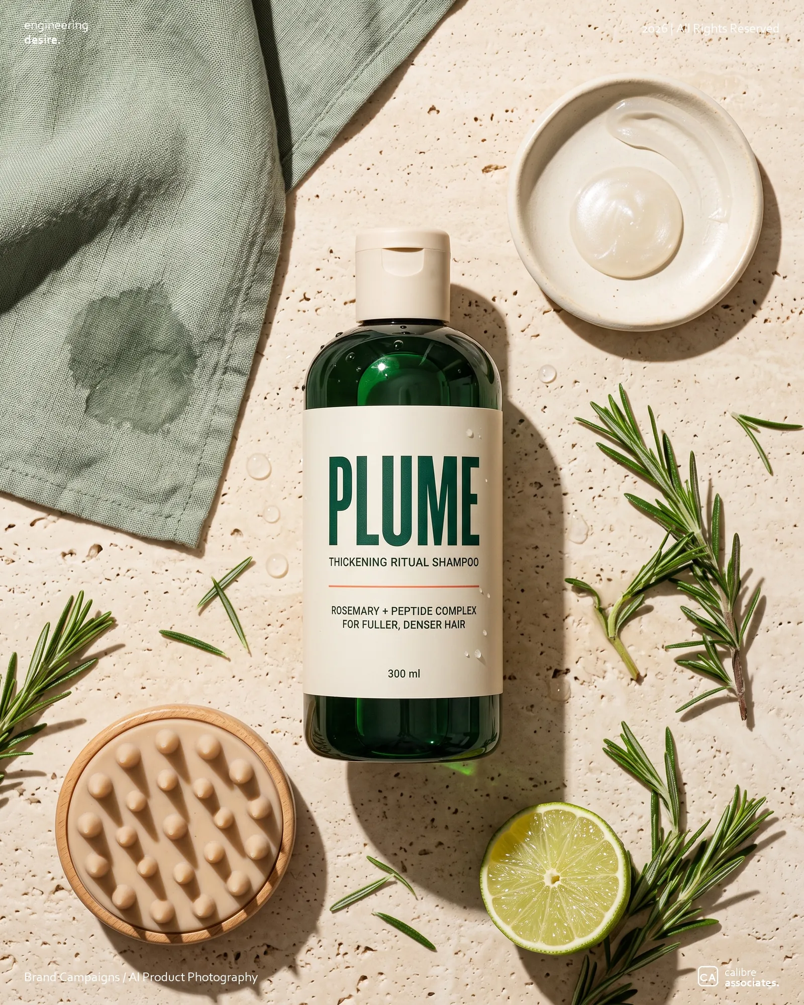 Flat lay of the Plume bottle with rosemary, lime, and bath accessories