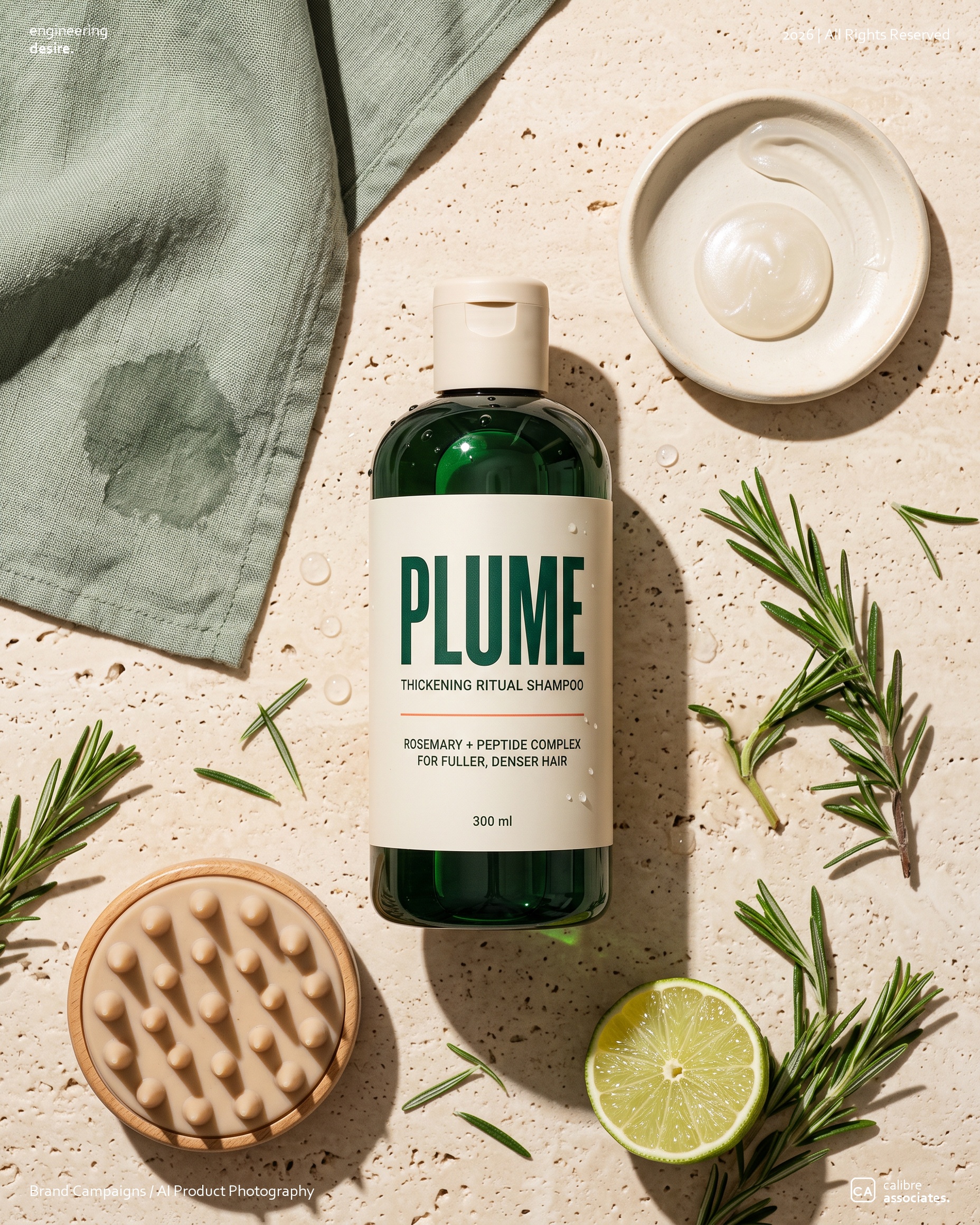 Flat lay of the Plume bottle with rosemary, lime, and bath accessories