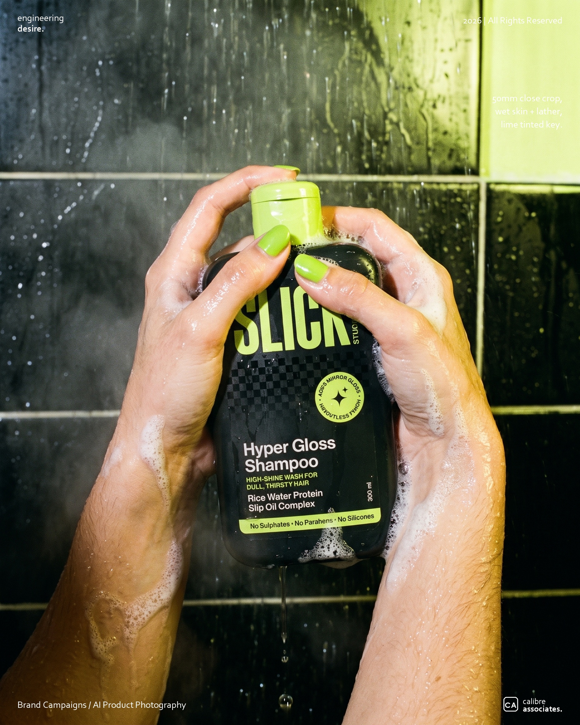Hands lathering Slick shampoo under running water