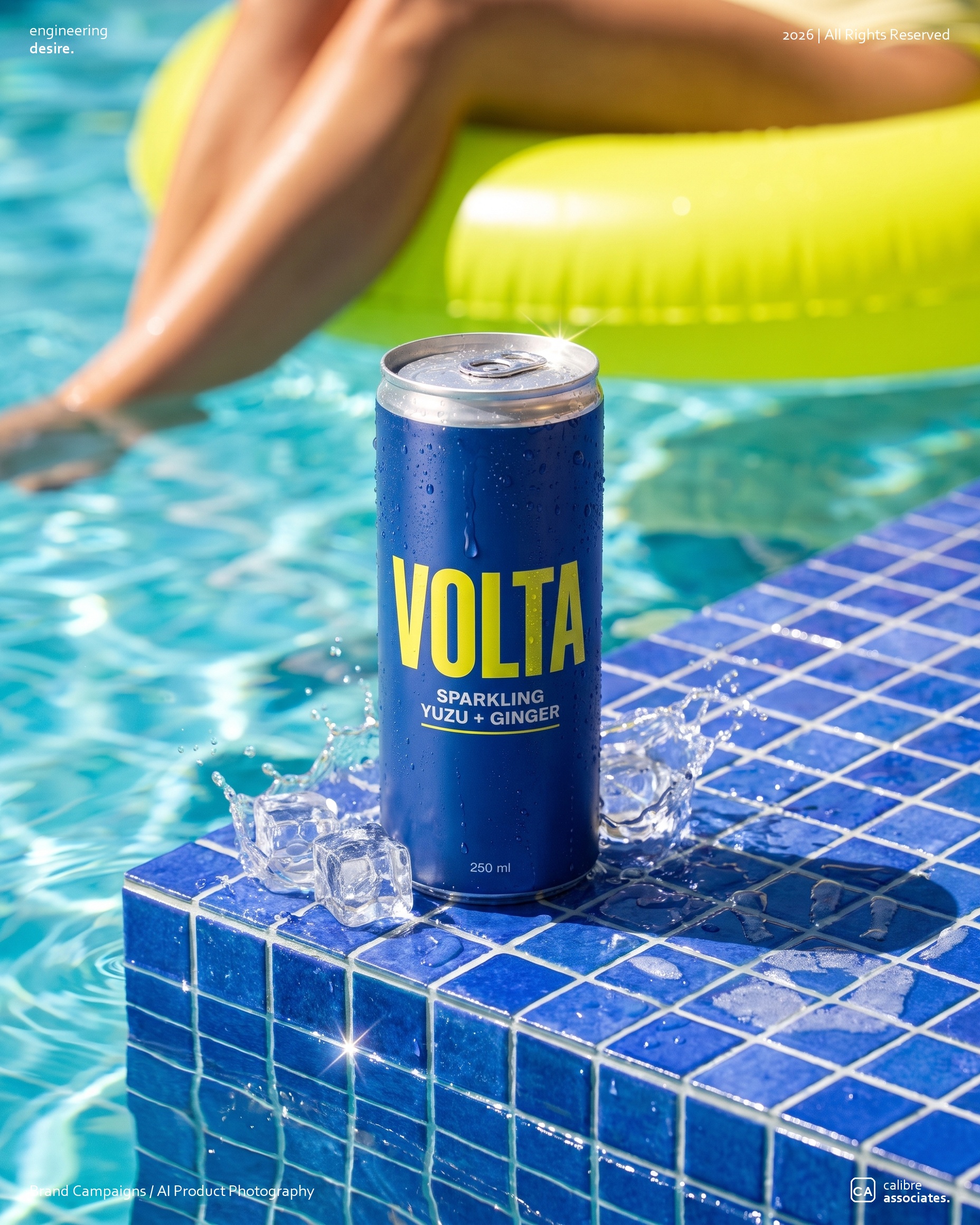 Volta can staged poolside on blue tile with a pool float