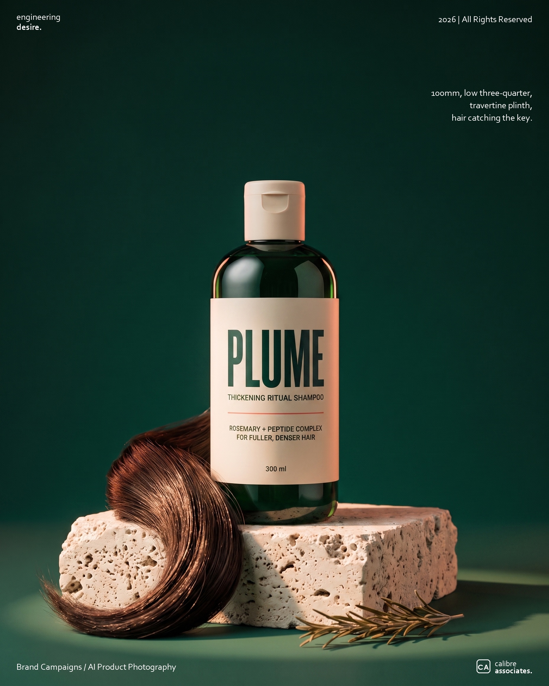 Plume bottle staged on a stone plinth next to a lock of hair