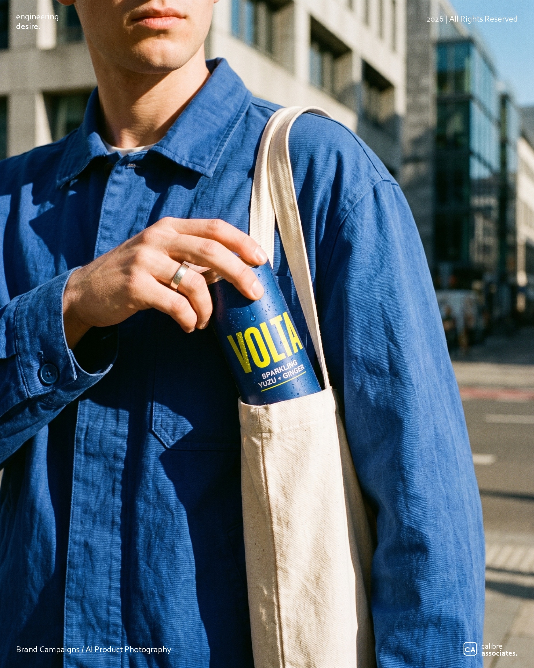 Man in a denim jacket carrying the Volta can on a city street