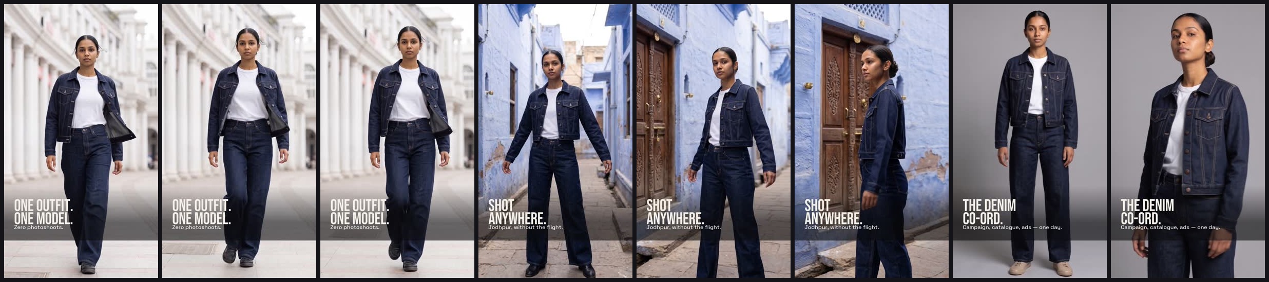 Storyboard grid of the Denim Co-Ord campaign reel, one model in one outfit across every scene