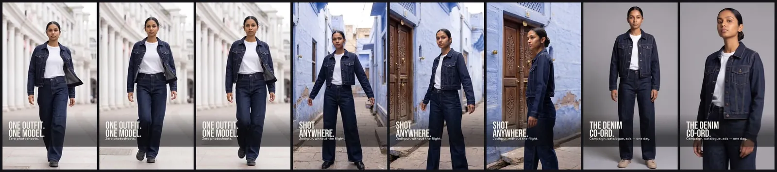 Storyboard grid of the Denim Co-Ord campaign reel, one model in one outfit across every scene